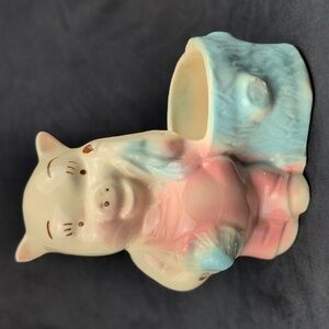 Anthropomorphic Shawnee Pottery Pig Planter, Pink & Blue Glaze Vintage 1950s